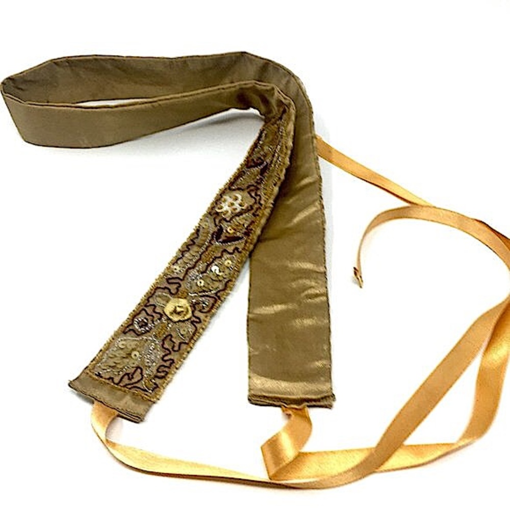 Yellow Ochre Brass Tone Satin Beaded and Sequined Embroidered Belt